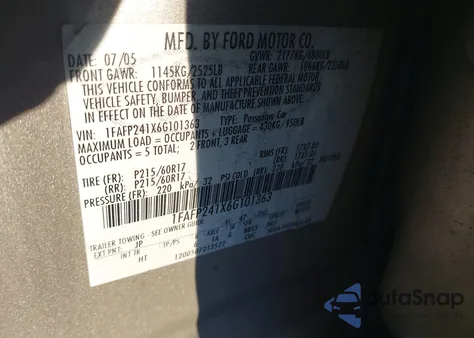 2006 Ford Five Hundred Sel z USA, uszkodzony, nr VIN 1FAFP241X6G101363